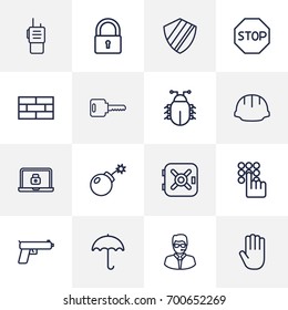 Set Of 16 Procuring Outline Icons Set.Collection Of Safe, Weapon, Helmet And Other Elements.