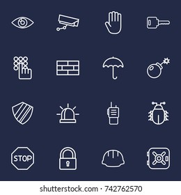 Set Of 16 Procuring Outline Icons Set. Collection Of Walkie-Talkie, Protection, Firewall And Other Elements.