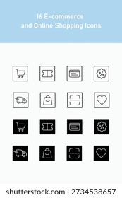 "Set of 16 professional e-commerce and online shopping icons featuring a mix of line and solid glyph styles. Each icon is neatly presented within circular and square frames. This vector collection includes essential symbols like shopping carts, credit cards, delivery, and discounts, making it ideal for mobile apps and web design."