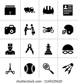Set of 16 professional filled icons such as cv, businessman handshake, pliers, sweeper truck, work helmet, shorts, doctor, surgical scissors, football helmet, baseball, tennis