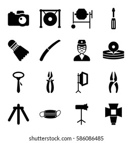 Set of 16 professional filled icons such as tie, nippers, screwdriver, concrete mixer, pliers, gardening knife, doctor, medical reflector, medical mask