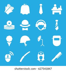 set of 16 professional filled icons such as comb, hairdresser peignoir, gloves, table, welder mask, gardening knife, nurse, operator, helmet