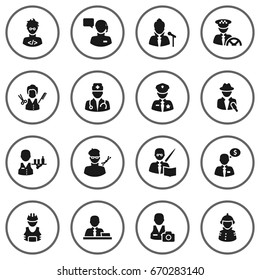 Set Of 16 Professions Icons Set.Collection Of Stylist, Leaner, Journalist And Other Elements.