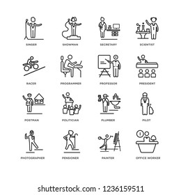 Set Of 16 Professions linear icons such as Office worker, Painter, Pensioner, Photographer, Pilot, Singer, Racer, Postman, Professor, editable stroke icon pack, pixel perfect