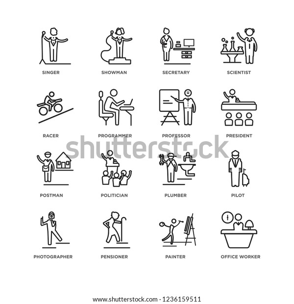 Set Of 16\
Professions linear icons such as Office worker, Painter, Pensioner,\
Photographer, Pilot, Singer, Racer, Postman, Professor, editable\
stroke icon pack, pixel\
perfect