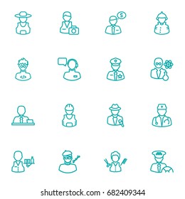 Set Of 16 Professions Outline Icons Set.Collection Of Scientist, Manager, Worker And Other Elements.