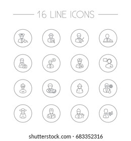 Set Of 16 Professions Outline Icons Set.Collection Of Banker, Manager, Taxi And Other Elements.