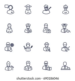 Set Of 16 Professions Outline Icons Set.Collection Of Singer, Photographer, Reporter And Other Elements.