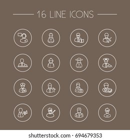 Set Of 16 Professions Outline Icons Set.Collection Of Photographer, Policeman, Operator And Other Elements.