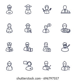 Set Of 16 Professions Outline Icons Set.Collection Of Farmer, Operator, Policeman And Other Elements.
