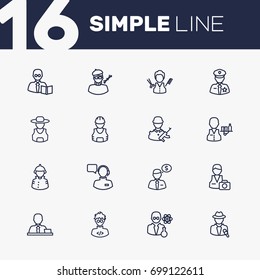 Set Of 16 Professions Outline Icons Set.Collection Of Teacher, Servant, Operator And Other Elements.