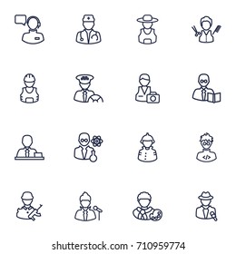 Set Of 16 Professions Outline Icons Set.Collection Of Barber, Soldier, Reporter And Other Elements.
