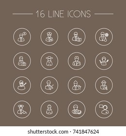 Set Of 16 Professions Outline Icons Set.Collection Of Policeman, Scientist, Taxi And Other Elements.