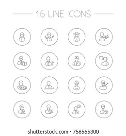 Set Of 16 Professions Outline Icons Set.Collection Of Farmer, Reporter, Servant And Other Elements.