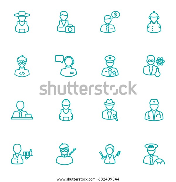 Set Of 16 Professions\
Outline Icons Set.Collection Of Scientist, Manager, Worker And\
Other Elements.
