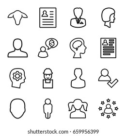 Set of 16 profile outline icons such as goat, face, man, girl, resume, worker