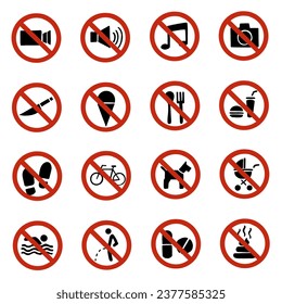 Conjunto de 16 signos de prohibición. Diferentes tipos de signos de prohibición. Ilustración del vector #1