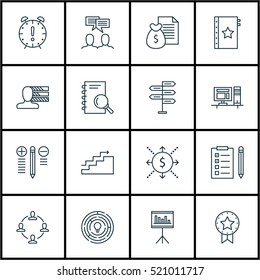 Set Of 16 Project Management Icons. Can Be Used For Web, Mobile, UI And Infographic Design. Includes Elements Such As Computer, Brainstorm, Statistic And More.