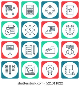 Set Of 16 Project Management Icons. Can Be Used For Web, Mobile, UI And Infographic Design. Includes Elements Such As Research, Plan, Award And More.
