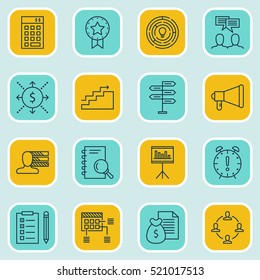Set Of 16 Project Management Icons. Can Be Used For Web, Mobile, UI And Infographic Design. Includes Elements Such As Date, Finance, Growth And More.