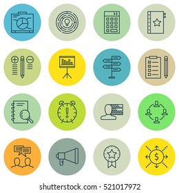Set Of 16 Project Management Icons. Can Be Used For Web, Mobile, UI And Infographic Design. Includes Elements Such As Brainstorm, Warranty, Right And More.