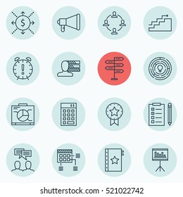 Set Of 16 Project Management Icons. Can Be Used For Web, Mobile, UI And Infographic Design. Includes Elements Such As Goal, Skills, Decision And More.