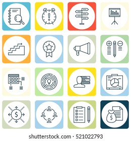 Set Of 16 Project Management Icons. Can Be Used For Web, Mobile, UI And Infographic Design. Includes Elements Such As Presentation, Research, Solution And More.