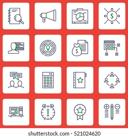 Set Of 16 Project Management Icons. Can Be Used For Web, Mobile, UI And Infographic Design. Includes Elements Such As Presentation, Budget, Award And More.