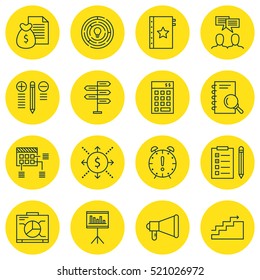 Set Of 16 Project Management Icons. Can Be Used For Web, Mobile, UI And Infographic Design. Includes Elements Such As Analysis, Team, Discussion And More.