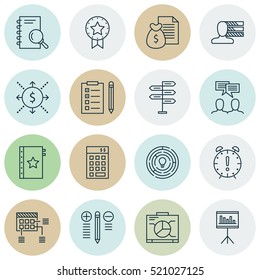 Conjunto De 16 Iconos De Gestión De Proyectos. Se Puede Usar Para Diseño Web, Móvil, UI E Infográfico. Incluye Elementos Como Gráfico, Ingresos, Tarea Y Más.