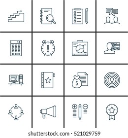 Set Of 16 Project Management Icons. Can Be Used For Web, Mobile, UI And Infographic Design. Includes Elements Such As Award, Quality, Investment And More.