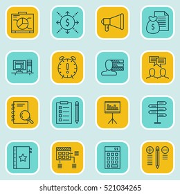Set Of 16 Project Management Icons. Can Be Used For Web, Mobile, UI And Infographic Design. Includes Elements Such As Statistics, Announcement, Decision And More.