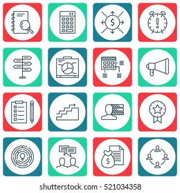 Set Of 16 Project Management Icons. Can Be Used For Web, Mobile, UI And Infographic Design. Includes Elements Such As Discussion, Date, Team And More.