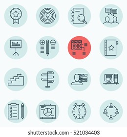 Set Of 16 Project Management Icons. Can Be Used For Web, Mobile, UI And Infographic Design. Includes Elements Such As Award, Statistic, Schedule And More.