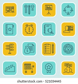Set Of 16 Project Management Icons. Can Be Used For Web, Mobile, UI And Infographic Design. Includes Elements Such As Notebook, Teamwork, Deadline And More.