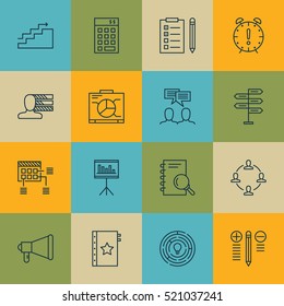 Set Of 16 Project Management Icons. Can Be Used For Web, Mobile, UI And Infographic Design. Includes Elements Such As Advertising, Dashboard, Idea And More.