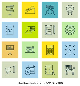 Set Of 16 Project Management Icons. Includes Elements Such As Skills, Advertising, Charts And More