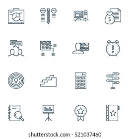 Set Of 16 Project Management Icons. Can Be Used For Web, Mobile, UI And Infographic Design. Includes Elements Such As Project, Revenue, Analysis And More.