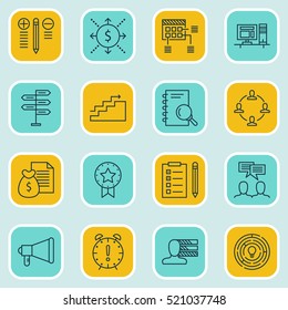 Set Of 16 Project Management Icons. Can Be Used For Web, Mobile, UI And Infographic Design. Includes Elements Such As Schedule, Personal, Fork And More.