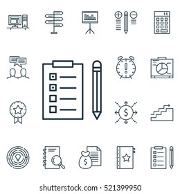 Set Of 16 Project Management Icons. Can Be Used For Web, Mobile, UI And Infographic Design. Includes Elements Such As List, Award, Research And More.