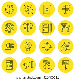 Set Of 16 Project Management Icons. Can Be Used For Web, Mobile, UI And Infographic Design. Includes Elements Such As Revenue, Money, Solution And More.