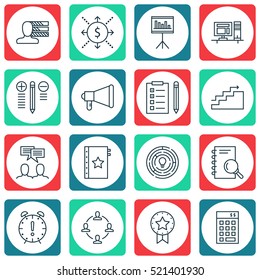 Set Of 16 Project Management Icons. Can Be Used For Web, Mobile, UI And Infographic Design. Includes Elements Such As Finance, Management, Right And More.