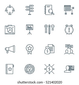 Set Of 16 Project Management Icons. Can Be Used For Web, Mobile, UI And Infographic Design. Includes Elements Such As Collaboration, Warranty, Teamwork And More.