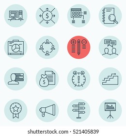 Set Of 16 Project Management Icons. Can Be Used For Web, Mobile, UI And Infographic Design. Includes Elements Such As Making, Solution, Analysis And More.