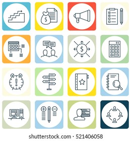 Set Of 16 Project Management Icons. Can Be Used For Web, Mobile, UI And Infographic Design. Includes Elements Such As Research, Chart, Announcement And More.