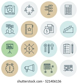 Set Of 16 Project Management Icons. Can Be Used For Web, Mobile, UI And Infographic Design. Includes Elements Such As Workspace, Money, Announcement And More.