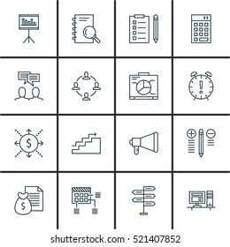 Set Of 16 Project Management Icons. Can Be Used For Web, Mobile, UI And Infographic Design. Includes Elements Such As Statistic, Notebook, List And More.