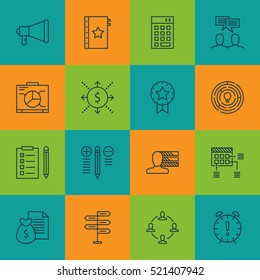 Set Of 16 Project Management Icons. Can Be Used For Web, Mobile, UI And Infographic Design. Includes Elements Such As Advertising, Fork, Deadline And More.