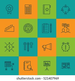 Set Of 16 Project Management Icons. Can Be Used For Web, Mobile, UI And Infographic Design. Includes Elements Such As Promotion, Goal, List And More.