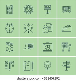 Set Of 16 Project Management Icons. Can Be Used For Web, Mobile, UI And Infographic Design. Includes Elements Such As Schedule, Deadline, Badge And More.